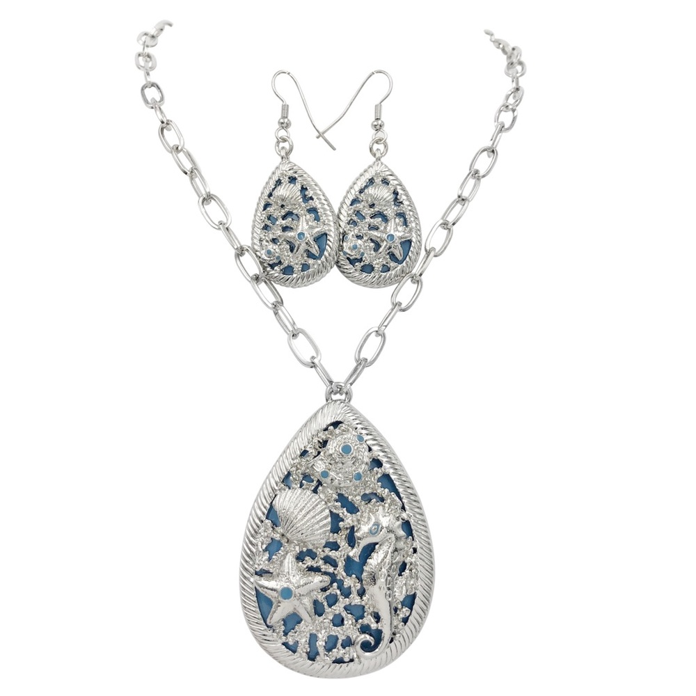 Mixed Sea Life Beach Aqua Blue Silver Teardrop Necklace Earrings Set
